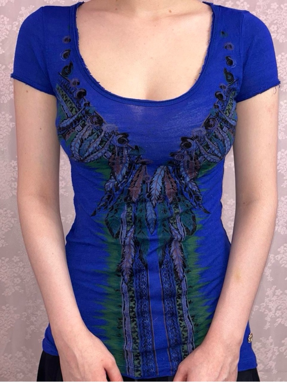 Roberto Cavalli feather blue short sleeve top - Picture 1 of 8